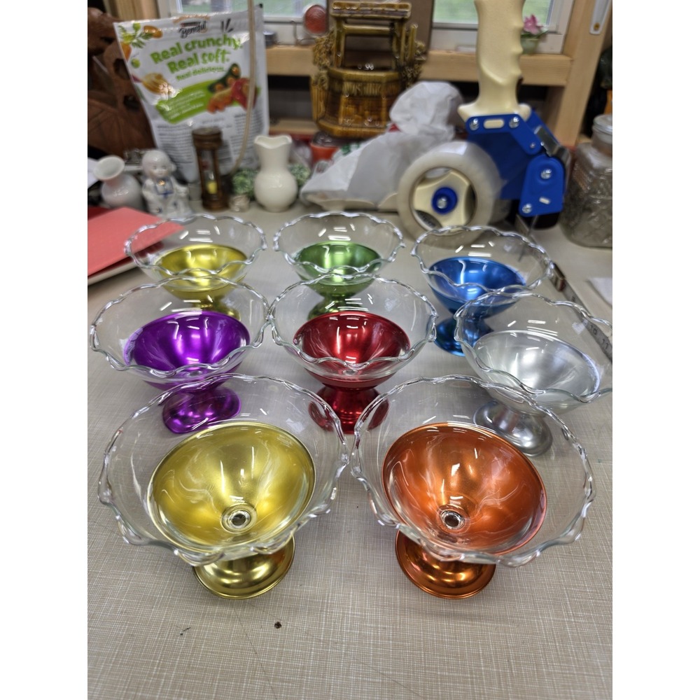 Vintage Colorama Anodized Aluminum Glass Sherbet Dishes 8 Colors